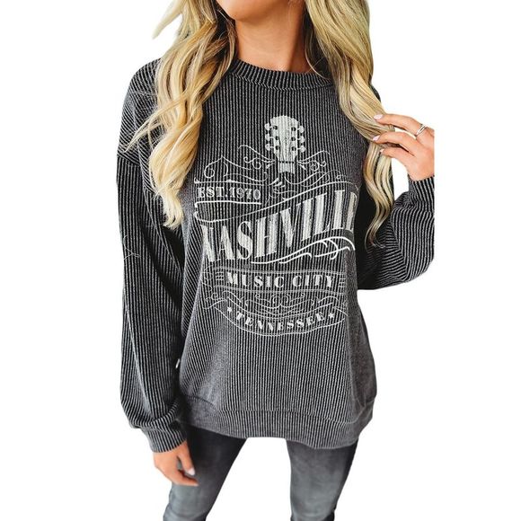 Azura Exchange  Black NASHVILLE MUSIC CITY Corded Graphic Sweatshirt - Picture 13 of 13